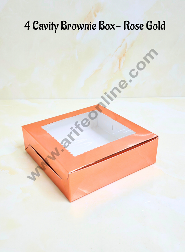 Cake Decor Rose Gold Brownie Boxes 4 Cavity with Clear Window, Brownie Carriers ( 10 Pcs Pack )