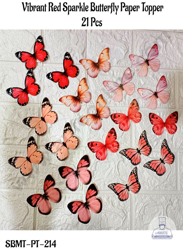 CAKE DECOR™ 21 Pcs Vibrant Red Sparkle Butterfly Paper Topper For Cake And Cupcake