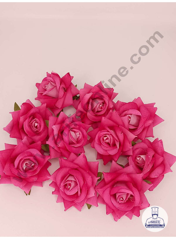 CAKE DECOR™ Medium Velvet Rose Artificial Flower For Cake Decoration – Rani Pink ( 10 pcs Pack )