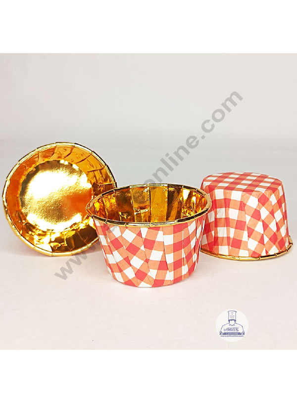 Cake Decor Golden Foil Coated Direct Bake-able Paper Muffin Cups - Red Checks (50 Pcs)