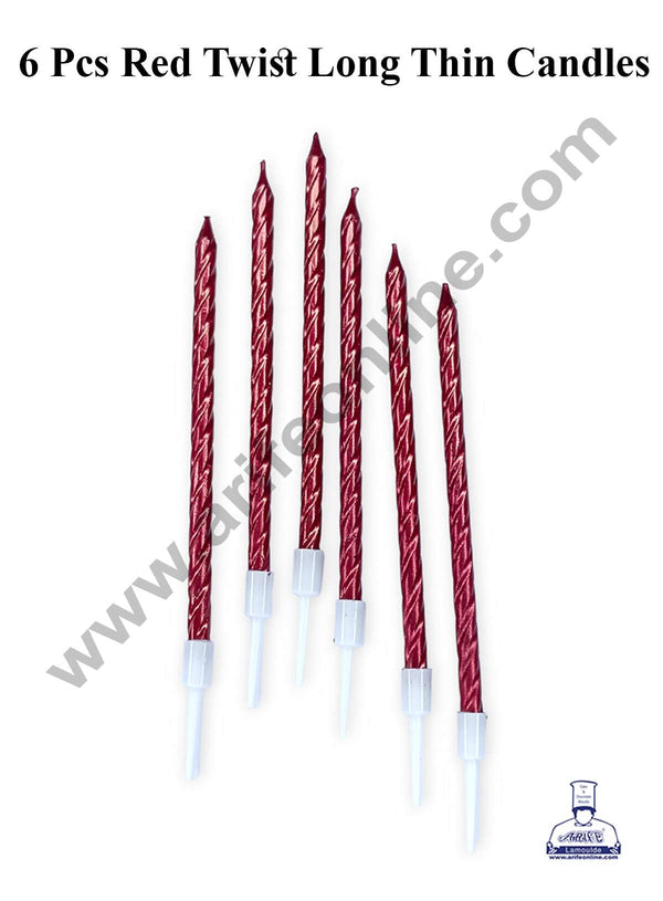 CAKE DECOR™ 6 Pcs Red Twist Long Thin Candle for Cake and Cupcake Decorations