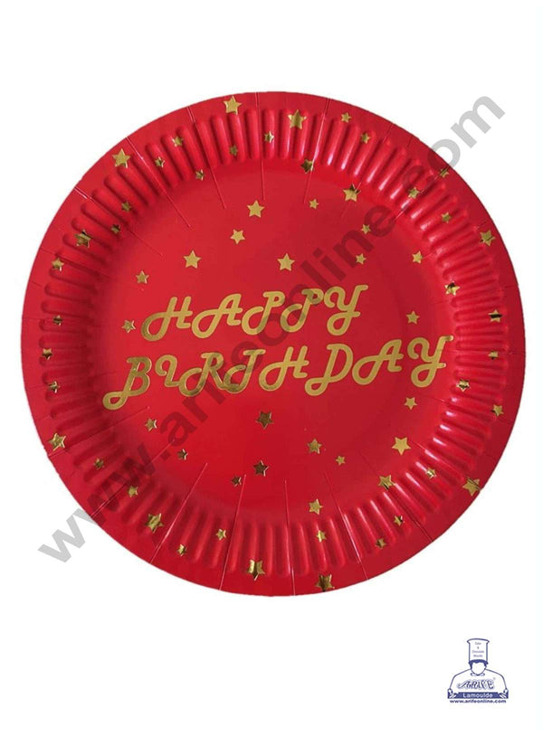 CAKE DECOR™ 7 inch Red Happy Birthday with Star Paper Plates | Disposable Plates | Birthday | Party | Occasions | Round Plates - Pack of 10