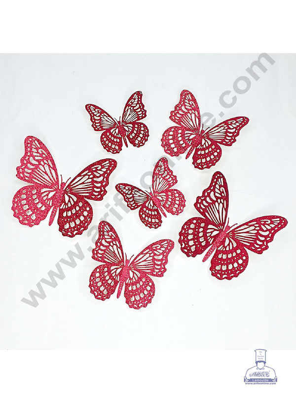 CAKE DECOR™ 12 pcs Glitter Red Imported Butterfly Paper Topper For Cake And Cupcake