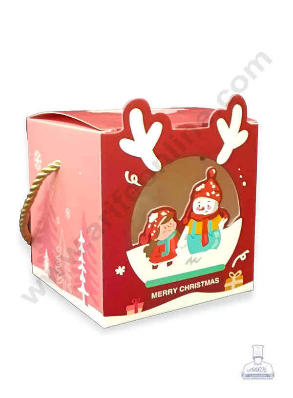 CAKE DECOR™ Christmas Theme Girl & Snowman Print Box with Rope Style Handle Gift Box | Candy Box | Cookies Box | Sweet Treats Box - Maroon (10 Pcs Pack)