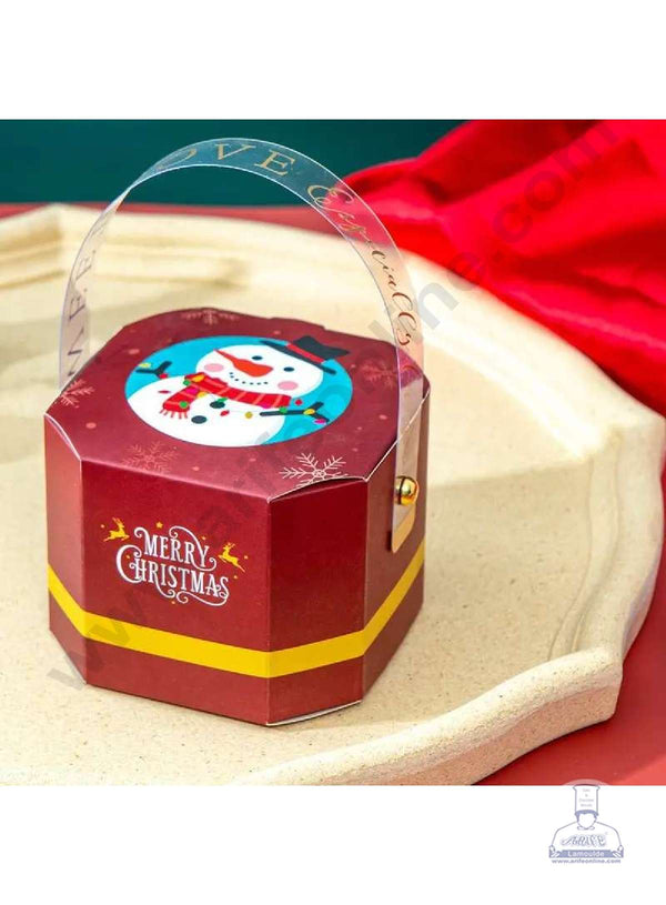 CAKE DECOR™ Christmas Theme Octagon Shape Box with Transparent Handle Gift Box | Candy Box | Cookies Box | Sweet Treats Box - Maroon (10 Pcs Pack)