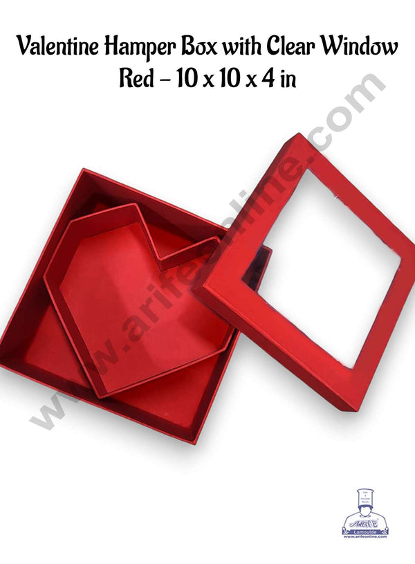 CAKE DECOR™ Valentine Hamper Box with Clear Window | Gift Box | Heart Shape Box | Present Box - Red (10 x 4 in)