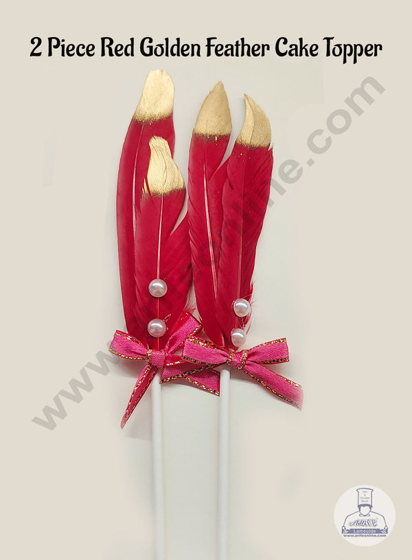 CAKE DECOR™ 2 Pcs Red Golden Feather Topper For Cake Decoration