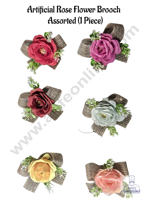 CAKE DECOR™ 1 piece Artificial Rose Flower Brooch - Assorted | Innovative Hampers & Gifting - Rose With Gold Ribbon