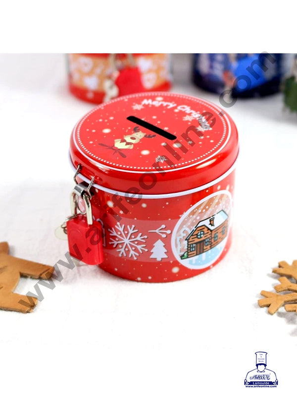 CAKE DECOR™  Christmas Design Coin Storage Box | Cute Piggy Bank Round Piggy Bank with Metal Lock Key