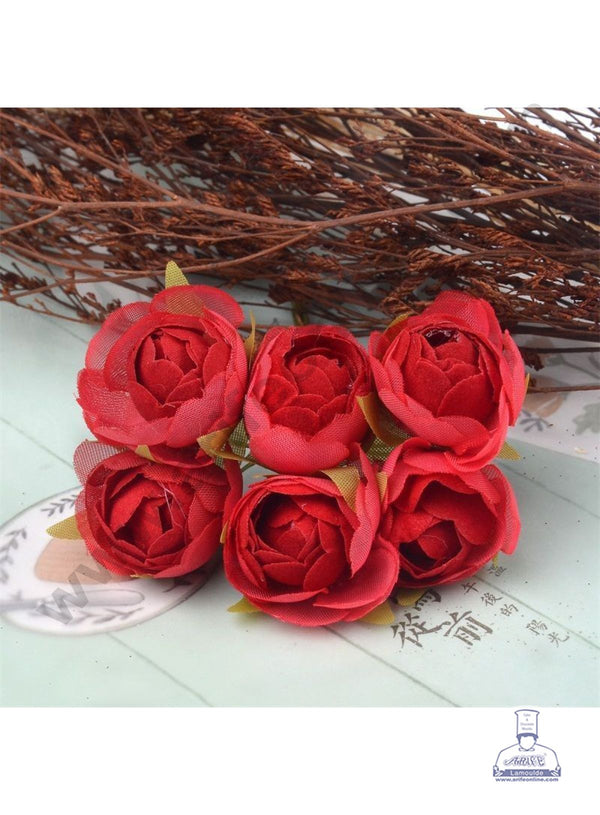 CAKE DECOR™  Small Peony Artificial Flower Bunch For Cake Decoration – Red ( 6 pc pack )