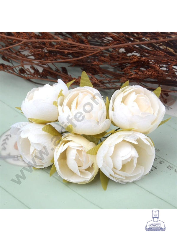 CAKE DECOR™  Small Peony Artificial Flower Bunch For Cake Decoration – White ( 6 pc pack )