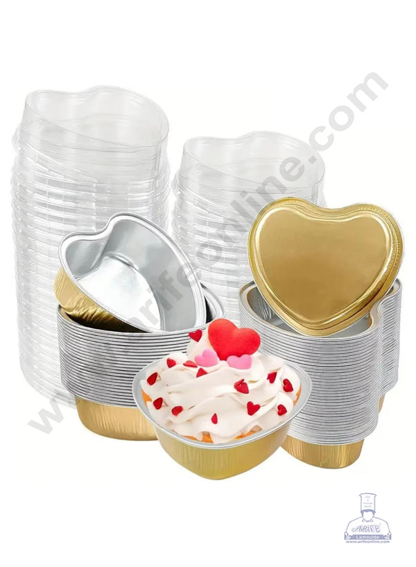 CAKE DECOR™ Heart Shape Aluminium Tin Foil Bake & Serve Cup with Lid | Aluminium Containers | Non-Stick Foil Baking Cups - Gold - 5 Pcs Pack