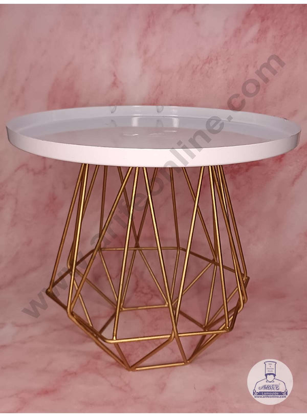 CAKE DECOR™ White Metal Plate With Geometric Style Golden Metal Rod Cake Stand ( SBSCS-002 )