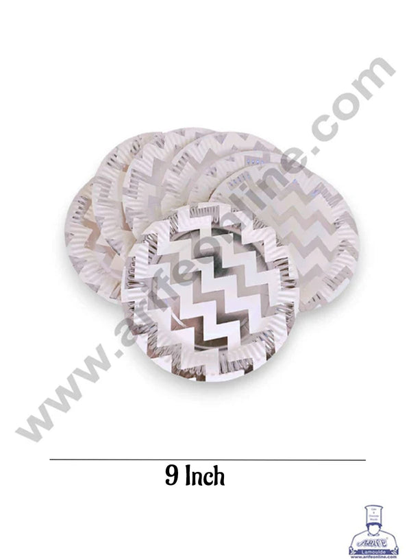 CAKE DECOR™ 9 inch Silver Zig-Zag Design Paper Plates | Disposable Plates | Birthday | Party | Occasions | Round Plates - Pack of 10