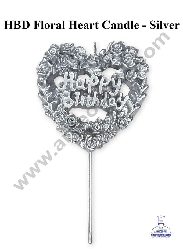 CAKE DECOR™ HBD Floral Heart Shape Candle for Cake and Cupcake Decorations - Silver (1 Piece)