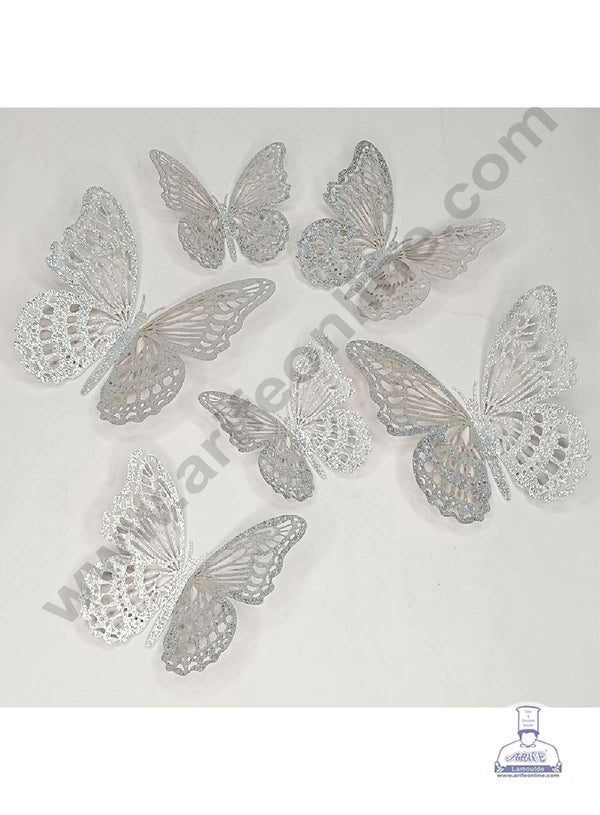 CAKE DECOR™ 12 pcs Glitter Silver Imported Butterfly Paper Topper For Cake And Cupcake