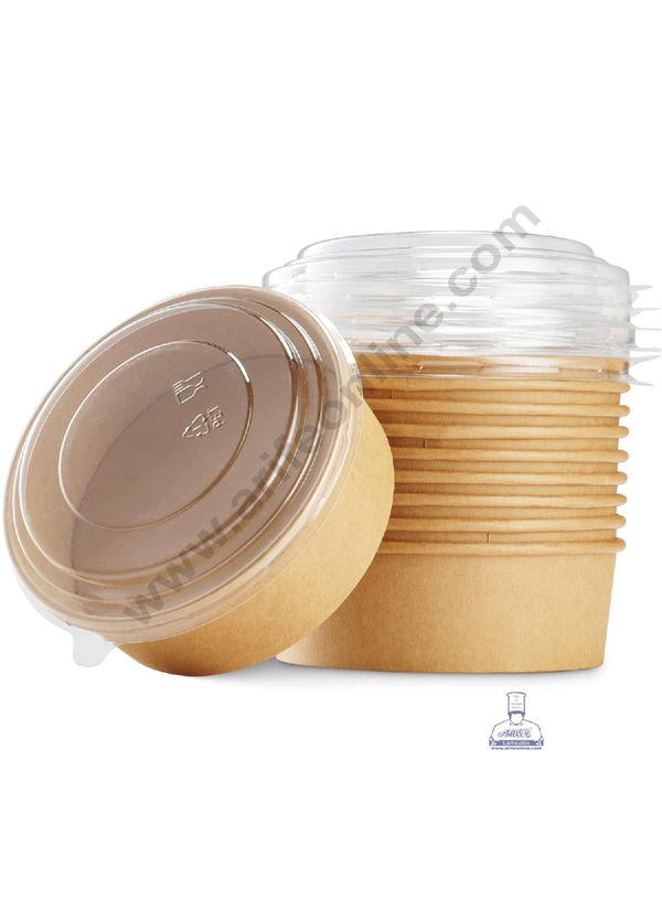 CAKE DECOR™ Kraft Paper Round Bowls with Lid | Disposable Salad Bowl - Top 5.5 Inch (10 pcs Pack )