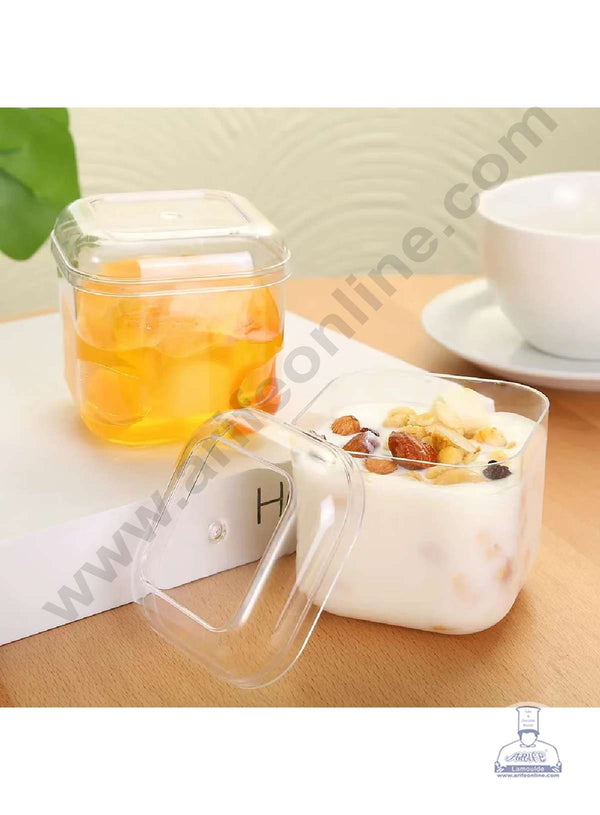 CAKE DECOR™ Squared Curved Corner Transparent Acrylic Dessert Tub With Lid | Pudding Cup | Parfait Cup | Mousse Cup (1 Piece)