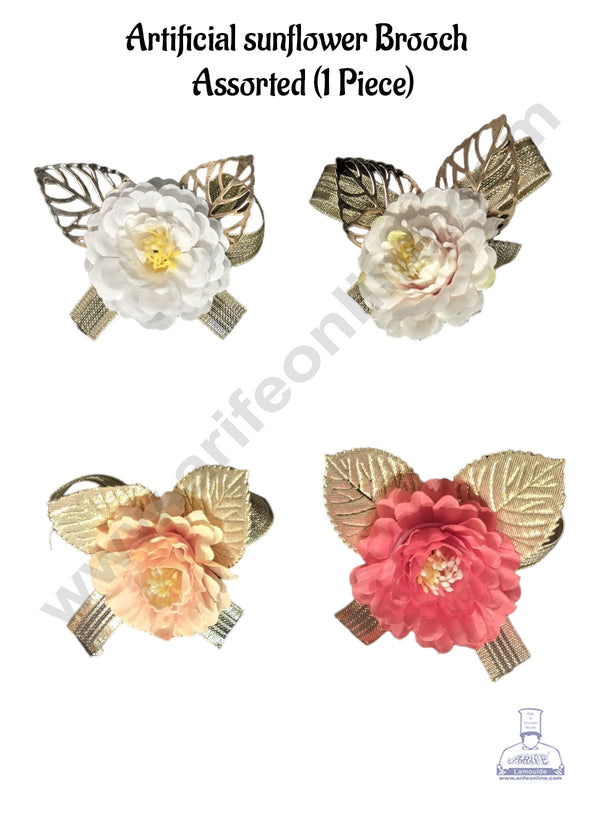 CAKE DECOR™ 1 piece Artificial Sunflower Brooch - Assorted | Innovative Hampers & Gifting - Sunflower With Gold Ribbon and Leaves