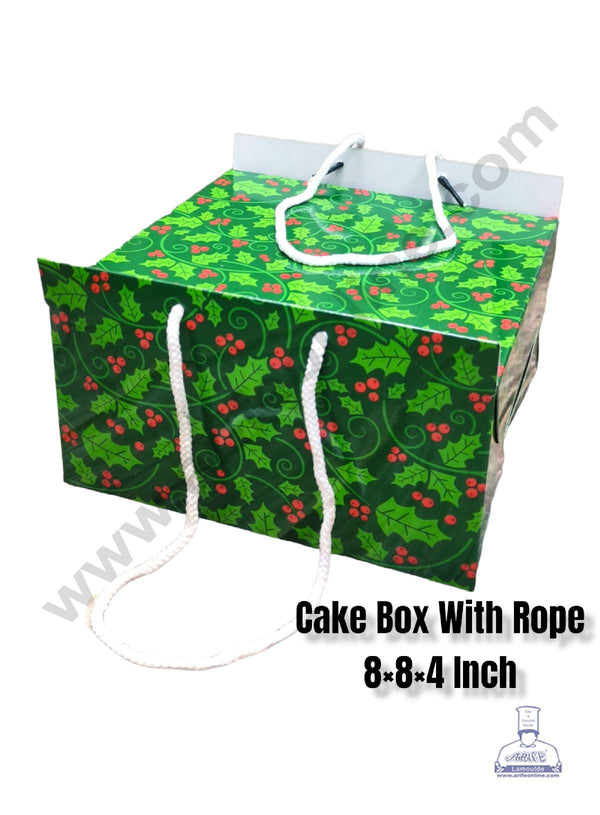 CAKE DECOR™ 1/2 kg Christmas Theme Cake Box with Rope Handle 8 x 8 x 4 Inch - Christmas Theme 5 ( Pack of 10 pcs )