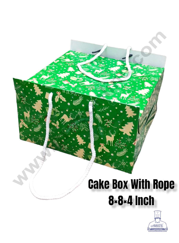 CAKE DECOR™ 1/2 kg Christmas Theme Cake Box with Rope Handle 8 x 8 x 4 Inch - Christmas Theme 6 ( Pack of 10 pcs )