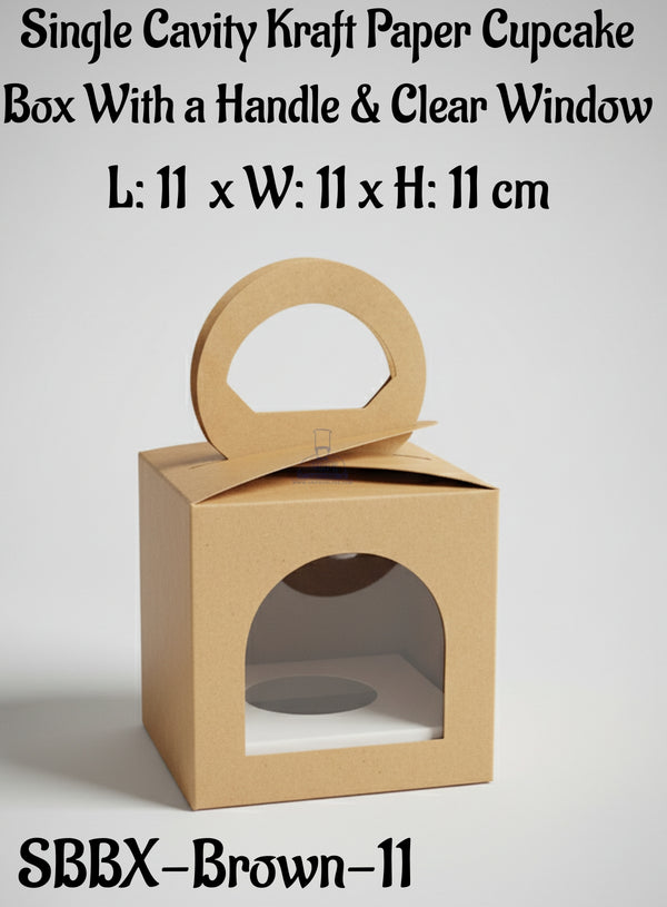 CAKE DECOR™ Single Cavity Kraft Paper Cupcake Box With a Handle &amp; Clear Window- Length: 11 x Breadth: 11 x Height: 11 cm(10 Pcs Pack)