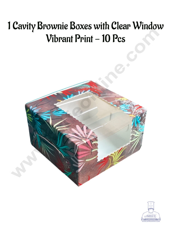 CAKE DECOR™ 1 Cavity Brownie Boxes with Clear Window Vibrant Print| Brownie Carriers - 10 Pcs Pack