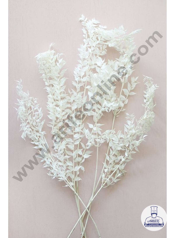 CAKE DECOR™ White Color Natural Dried Ruscus Leaves For Cake Decoration Bouquet Wedding Party Centerpieces Decorative – White (2 Stick)