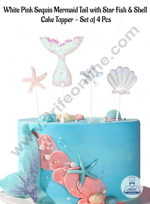 CAKE DECOR™ White Pink Sequin Mermaid Tail with Star Fish & Shell Cake Topper - Set of 4 Pcs (SB-SMT-4WP)