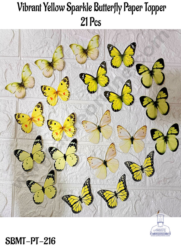 CAKE DECOR™ 21 Pcs Vibrant Yellow Sparkle Butterfly Paper Topper For Cake And Cupcake