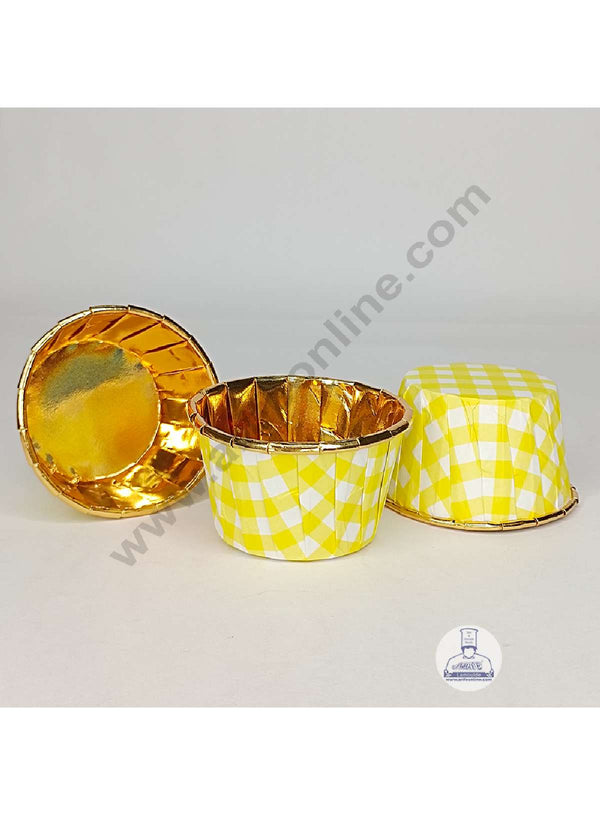 Cake Decor Golden Foil Coated Direct Bake-able Paper Muffin Cups - Yellow Checks (50 Pcs)