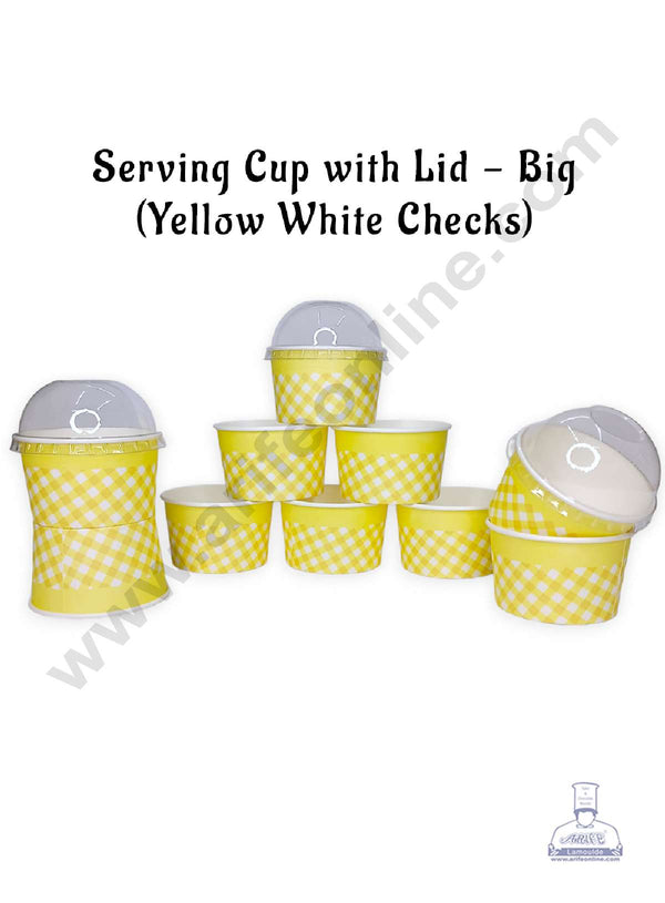 CAKE DECOR™ Big Yellow White Checks Serving Cup with Lid  | Ice Cream Tub (10 Pcs Pack)