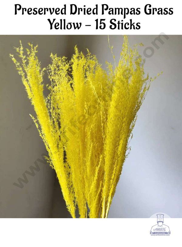 CAKE DECOR™ Yellow Color Preserved Dried Pampas Grass For Cake Decoration Bouquet Wedding Party Centerpieces Decorative – Yellow (15 Sticks)