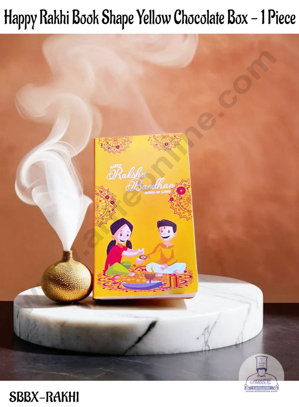 CAKE DECOR™ Happy Rakhi Book Shape Yellow Chocolate Box -1 Piece (SBBX-RAKHI-10)