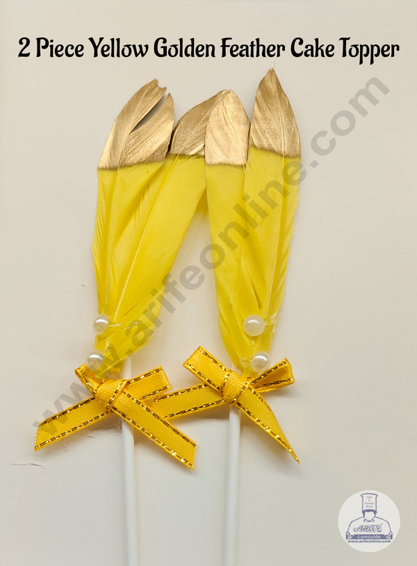 CAKE DECOR™ 2 Pcs Yellow Golden Feather Topper For Cake Decoration