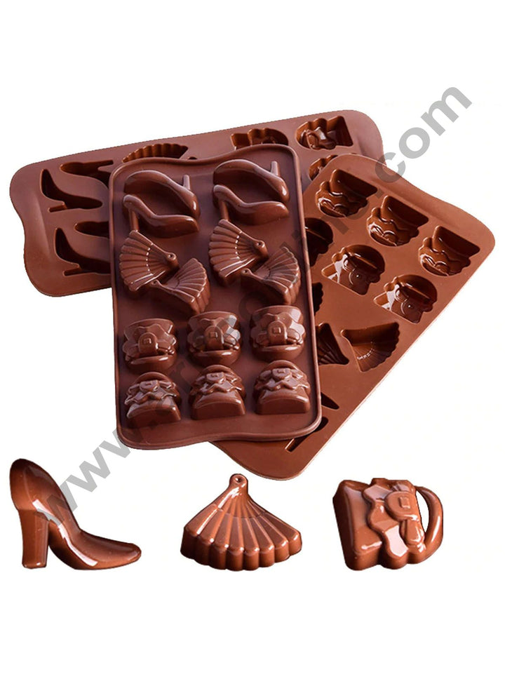 Cake Decor Silicon 14 Cavity Purse Sandal Fan Design Brown Chocolate Mould, Ice Mould, Chocolate Decorating Mould
