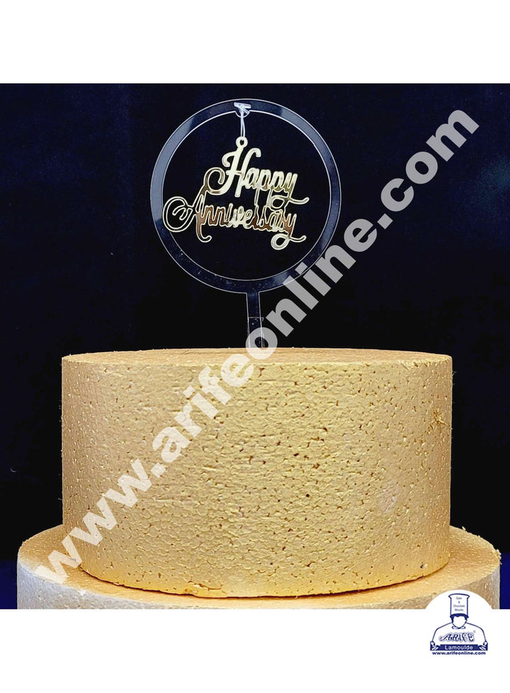 Cake Decor Exclusive Acrylic Hanging Cake Topper - Gold Happy Anniversary Round