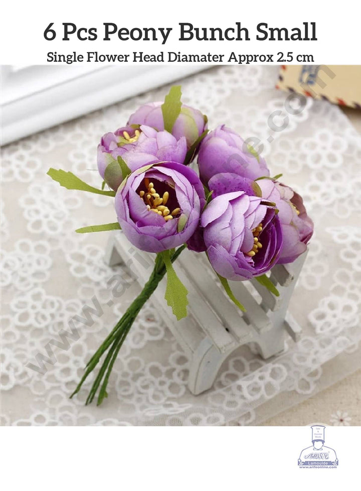 CAKE DECOR™ Small Peony Artificial Flower Bunch For Cake Decoration – Purple ( 6 pc pack )