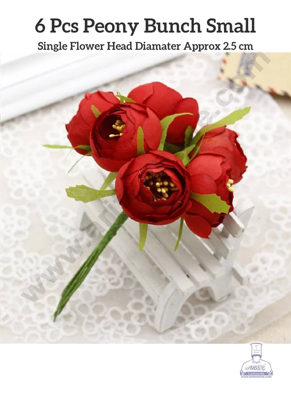 CAKE DECOR™ Small Peony Artificial Flower Bunch For Cake Decoration – Red ( 6 pc pack )