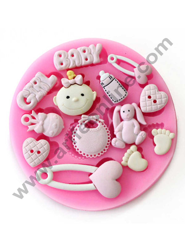 Cake Decor Silicon 12 Cavity Baby Girl  Baby Feet Heart Pins Bottles Rabbit Silicone Fondant Mould Marzipan Mould