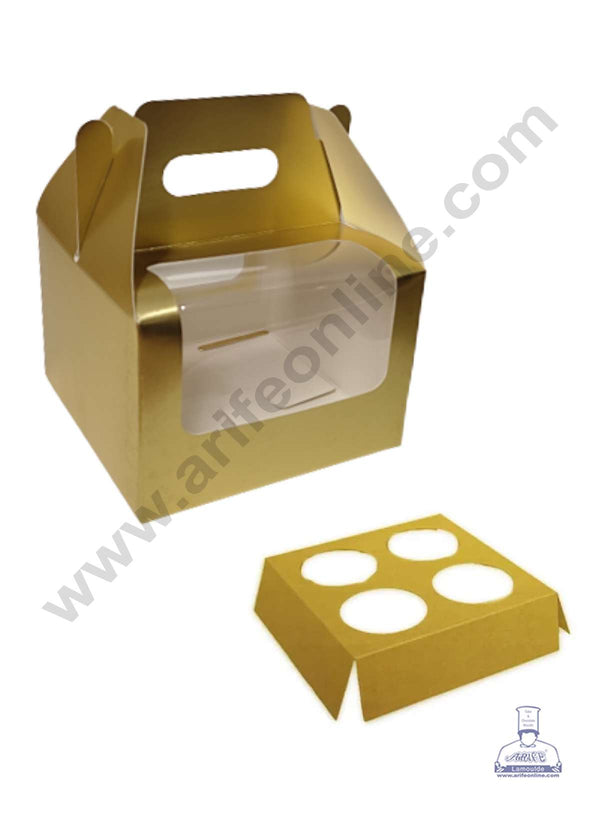 Cake Decor Cupcake Boxes 4 Cavity Clear Window with Handle , Cupcake Carrier - Golden ( 10 Pc Pack )