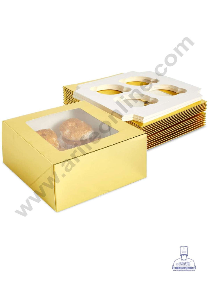 Cake Decor Cupcake Boxes 4 Cavity Clear Window Without Handle , Cupcake Carrier - Golden ( 10 Pc Pack )