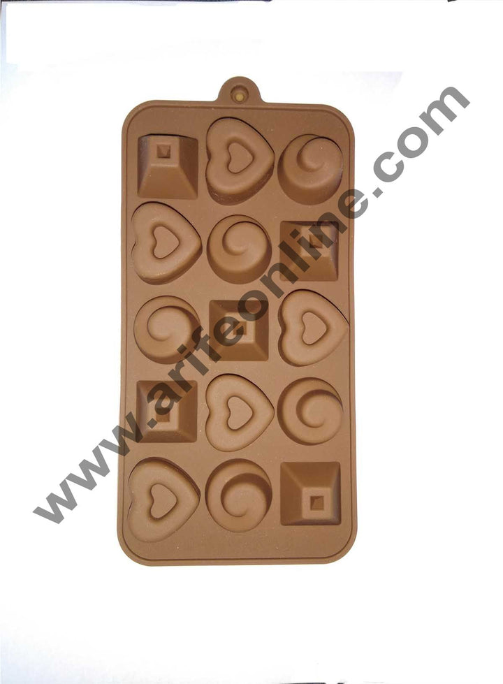 Cake Decor 15-Cavity Mix Hearts,Circle and Blocks Shape Silicone Brown chocolate Moulds