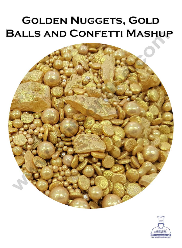 Cake Decor Golden Crystal Nuggets, Balls And Confetti - 500 gm