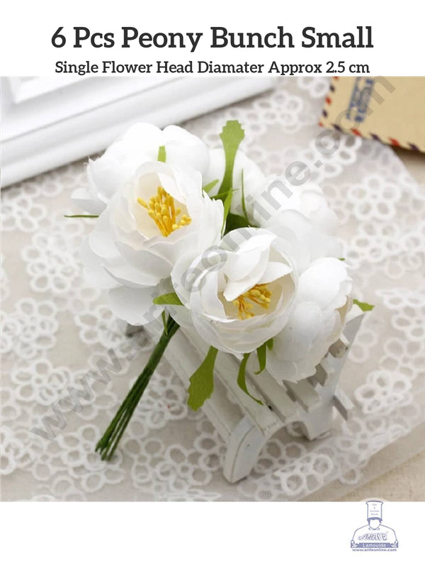 CAKE DECOR™ Small Peony Artificial Flower Bunch For Cake Decoration – White ( 6 pc pack )