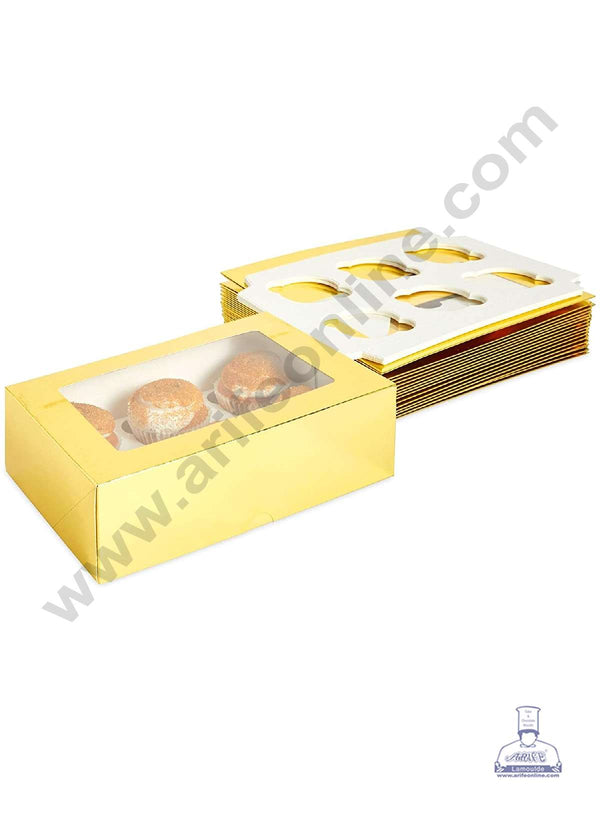 Cake Decor Cupcake Boxes 6 Cavity Clear Window Without Handle , Cupcake Carrier - Golden ( 10 Pc Pack )