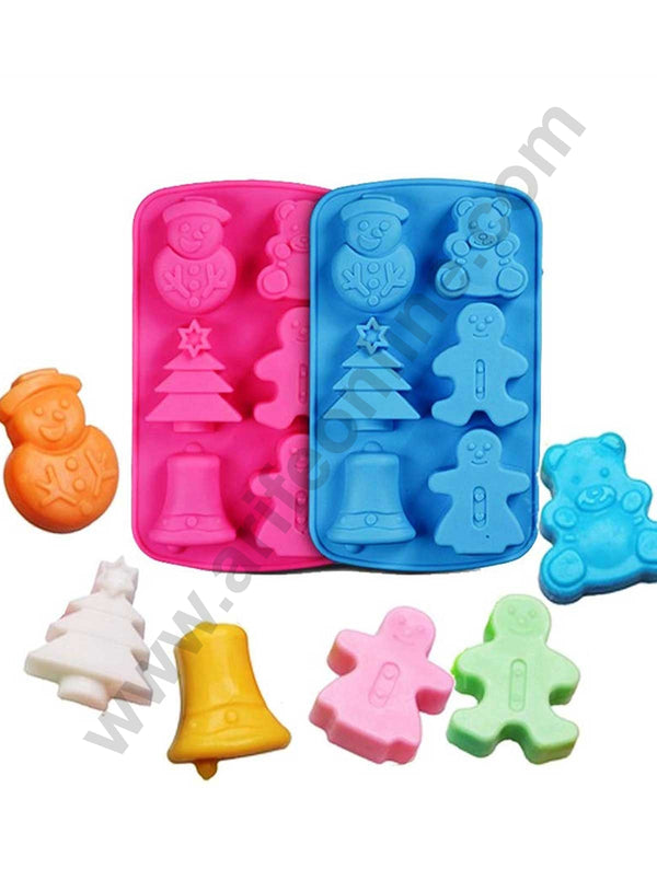Cake Decor 6 Cavity 3D Christmas Teddy Santa Tree Bell Ring Snow Man, Silicon Moulds Muffin Mould