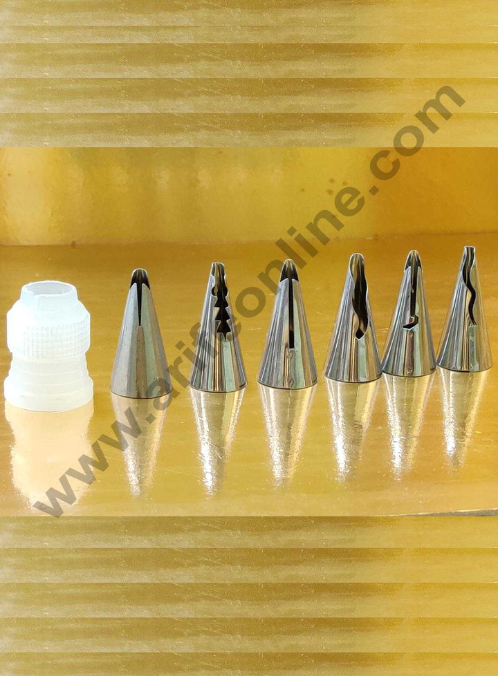 Cake Decor Stainless Steel Icing Frill Nozzles Cake Piping Bag with 1 Coupler for Decorating Set of 6 Assorted.(Icing Bag 6 Frill Nozzle with Coupler)