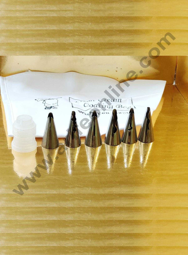 Cake Decor Stainless Steel Icing Frill Nozzles Cake Piping Bag with 1 Coupler for Decorating Set of 6 Assorted.(Icing Bag 6 Frill Nozzle with Coupler)