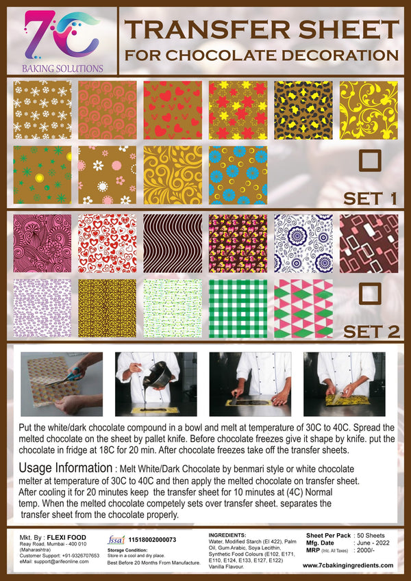 7C Chocolate Transfer Sheet for Decoration 10 Patterns - Total 50 sheets - Set 1